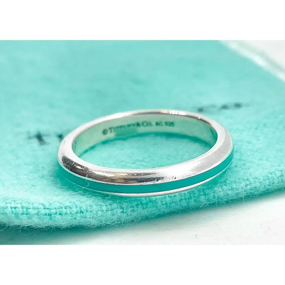 Tiffany & Co. Silver Blue Enamel Narrow Stripe Band Ring Size 5.75